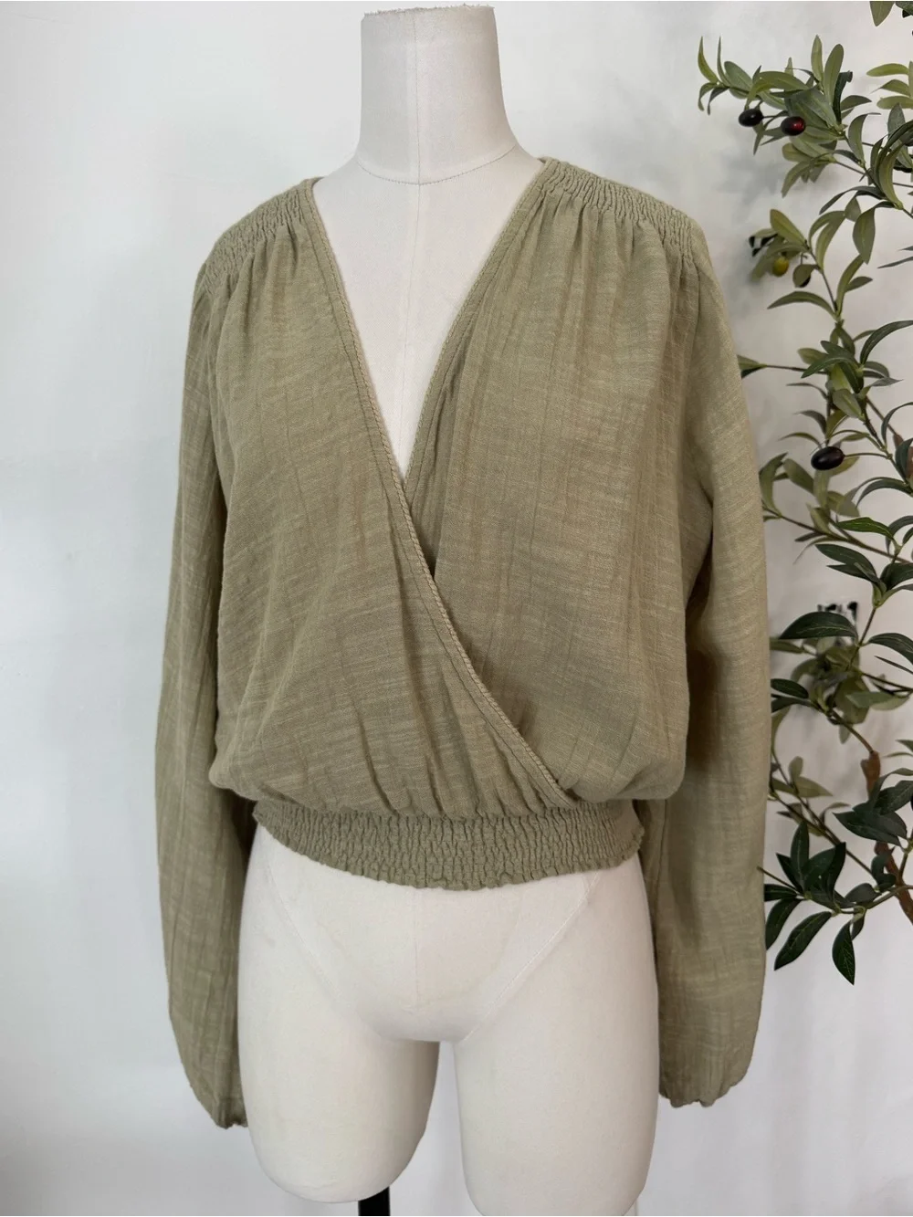 Free People Faux Wrap Blouse Size Small Beige Boho Peasant Top Long Sleeve